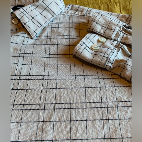Men’s, Theory L-Sleeve Grid Pattern Shirt, Cream with Navy Stripe, Size L - Picture 4 of 7